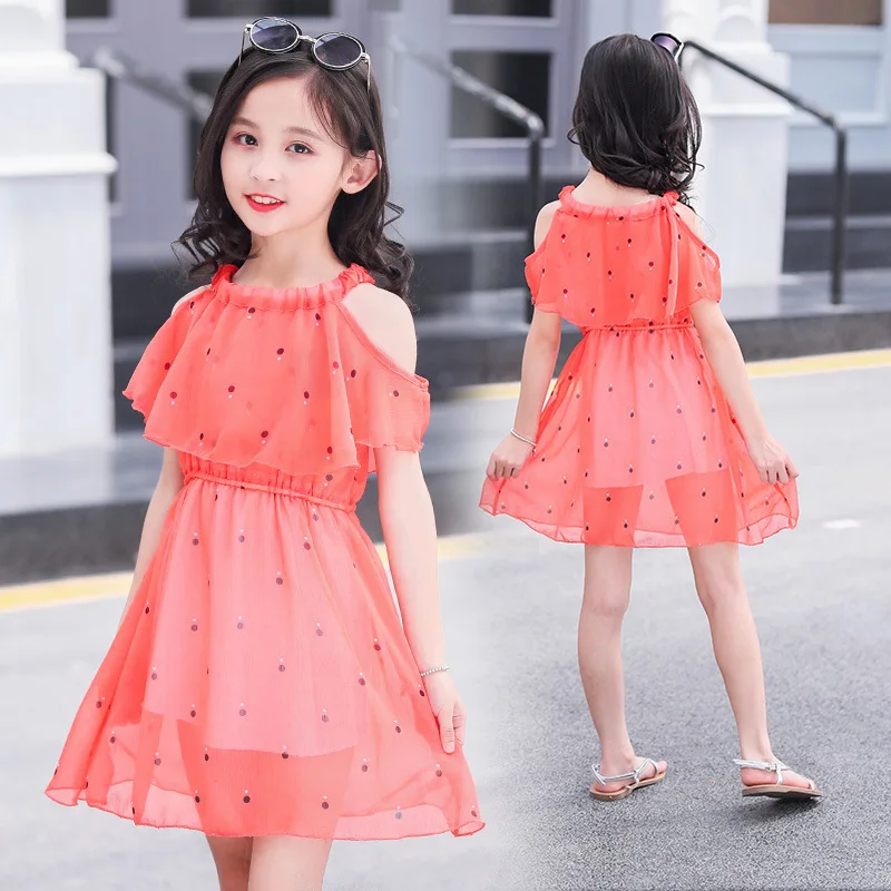 Платье для девочек летние детские Платья с цветочным рисунком для девочек, шифоновая детская одежда принцессы с открытыми плечами праздничная одежда для маленьких подростков