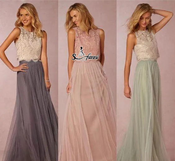 Vintage Two Piece Bohemian Beach Bridesmaid Dresses Lace Top Long Vintage Two Piece Bohemian Beach Bridesmaid Dresses Lace Top Long Country Maid Of Honor Gowns Mixed