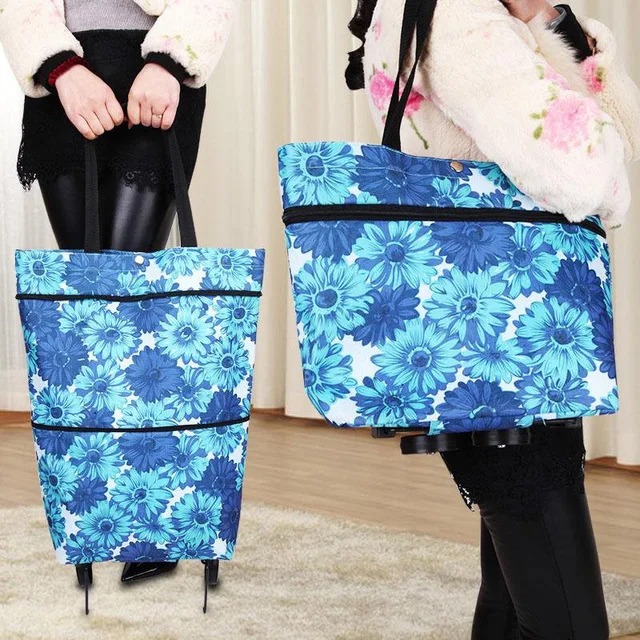 RUPUTIN New Folding Portable Shopping Bags Buy Vegetables Bag High Capacity Shopping Food Organizer Trolley Bag On Wheels Bags - Цвет: Sky blue flower