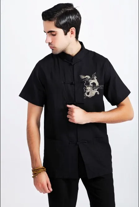 Черный традиционный китайский мужской хлопок лен вышивка в виде дракона кунг-фу Рубашка с карманом M L XL XXL XXXL 2999-3 - Цвет: black