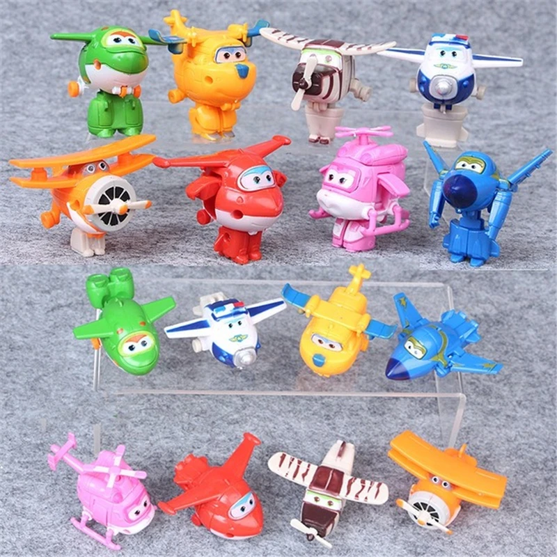 8PCS Set Super Wings Mini Airplane ABS Robot toys Action Figures Super Wing Transformation Jet Animation