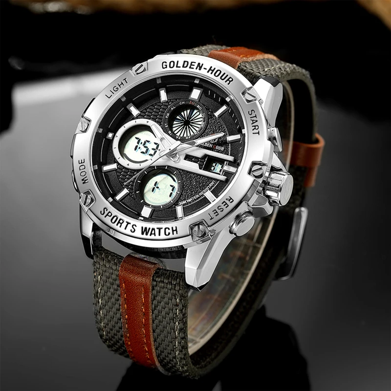 GOLDENHOUR Топ люксовый бренд Модные мужские водонепроницаемые спортивные часы мужские кварцевые ЖК-аналоговые цифровые часы с резиновым ремешком часы