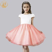 Summer Autumn Girls Clothes Vestidos Short Sleeves Appliques Flowers Bow Pearls Girl Dress for Birthday Party