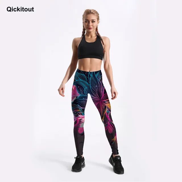 Qickitout New Fashion Women Leggings Floral Petal Digital Color Printed Leggings Sexy Workout Fitness Pants Casual Streetwears טייץ מצויר