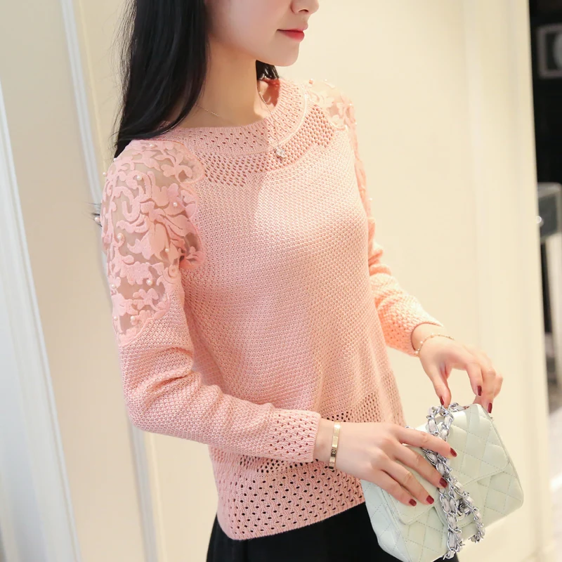 Hollow knit female long sleeved lace beading collar shirt and new dress ...