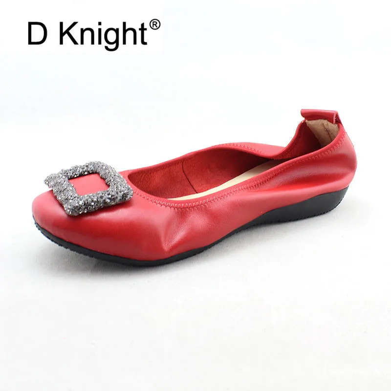 Natural Leather Loafer Womens Shoes Round Toe Slip On Ballet Shoes with Rhinestones Shallow Mouth Flats Ballerinas Women Size 12 (5)