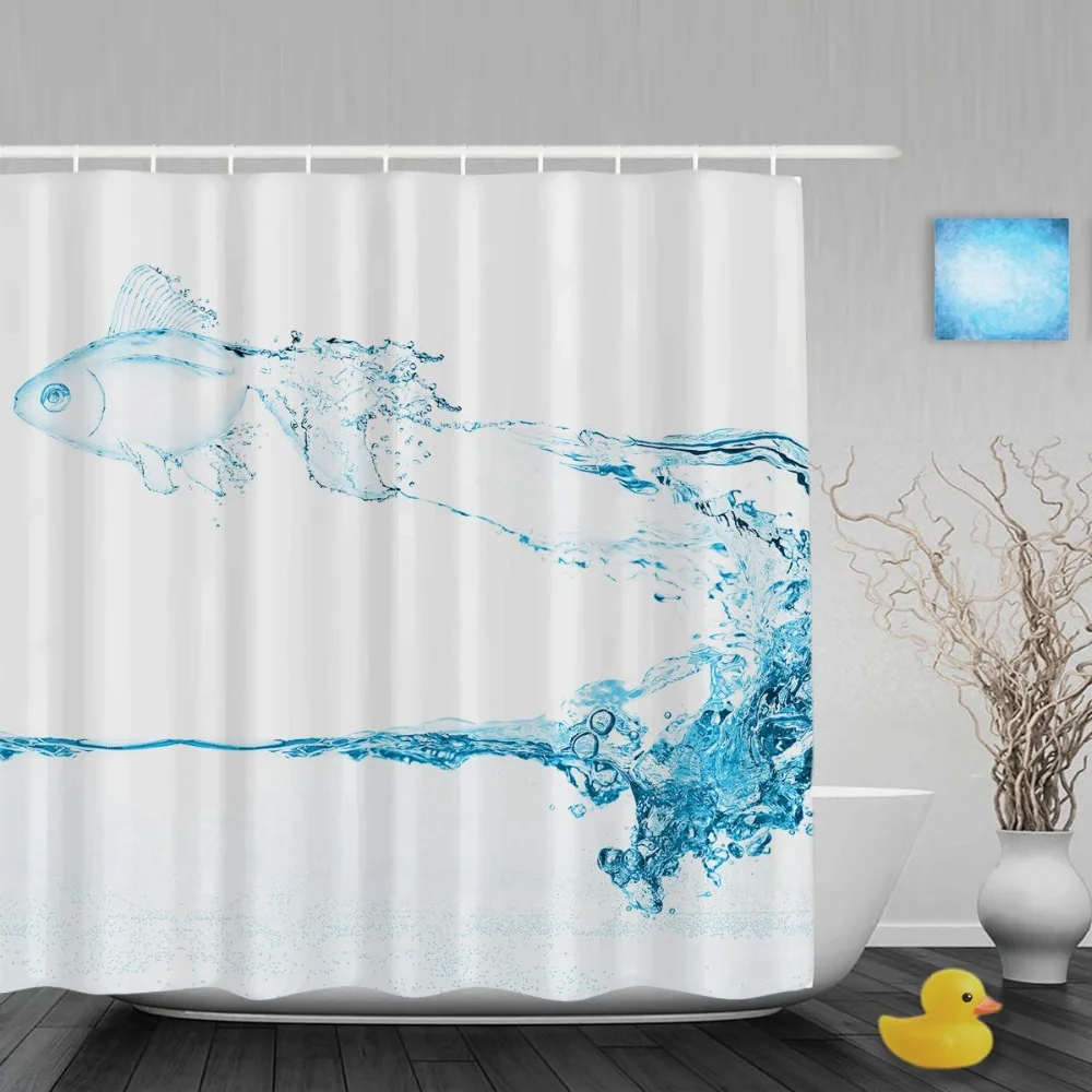 Water Fish Jumping Over Bathroom Shower Curtain Slash Blue Water Shower