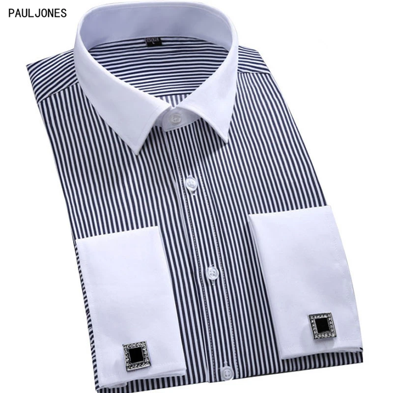 

PAULJONES Plus Size 6XL French Cufflinks Shirts Men Striped Solid Fashion Luxury Big 5XL Business Shirt Social Man Clothes China