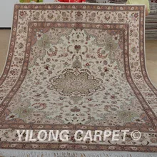 Yilong 8'x10' под старину Тебриз шерстяной ковер из шелка бежевый изысканный Ручная работа; вязаное; шерстяное турецкий ковер(1328