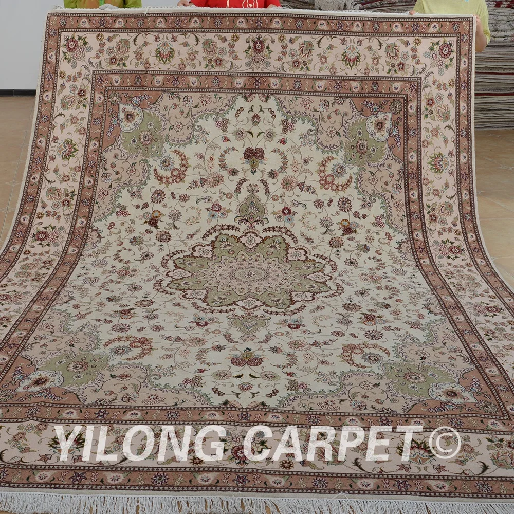 Yilong 8 'x 10' Античная Тебриз ковёр из шелка и шерсти бежевый изысканный