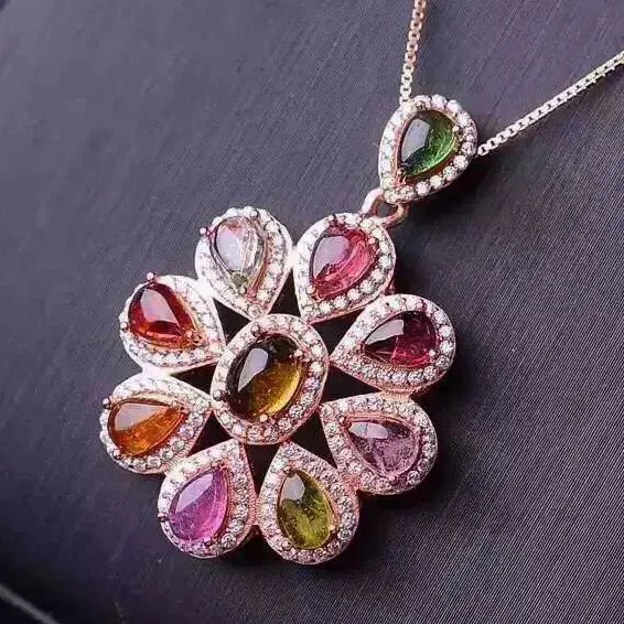 

Women Natural Tourmaline Gems Pendant Necklace Genuine 925 Sterling Silver Precious Stone Fine Jewelry Rose