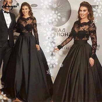 

Black Muslim Evening Dresses Illusion 2019 Ball Gown Long Sleeves Appliques Islamic Dubai Saudi Arabic Evening Gown Prom Dress