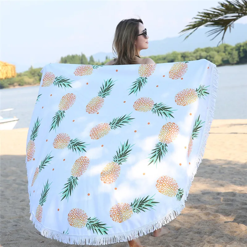 

Pineapple Print Microfiber Tapestry 150cm Large Round Tassel Cotton Beach Towel for Adults Blanket Bath Towel Swimwear Yoga Mat