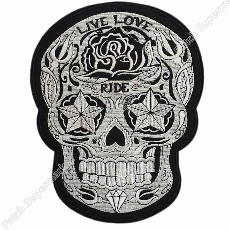 

10.2" LARGE LIVE LOVE RIDE Large Rockabilly Skull Skeleton MC Motorcycle biker patches for jacket BACK embroidery applique goth