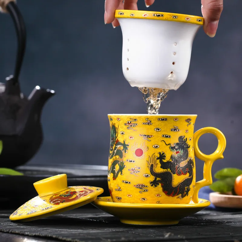 350ml Chinese Style Antique Porcelain Tea Cup Saucer Sets Yellow