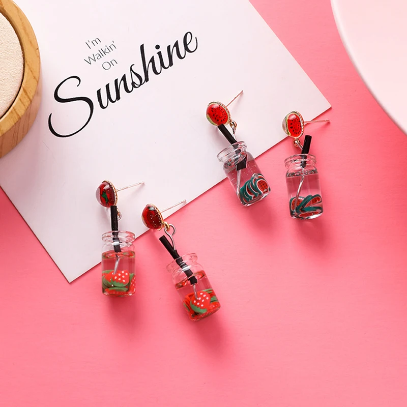 

Korean Sweet Lovely Earrings Fruit Watermelon Strawberry drink style Drop Earrings personality long glass earrings female 2019