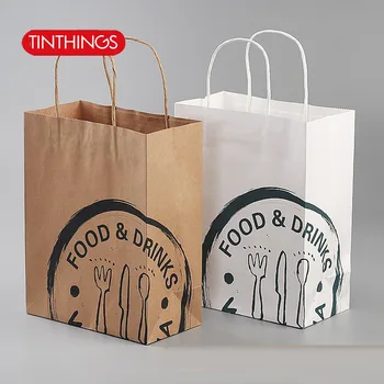 

10 Pcs Kraft Paper Bag With Handle Bread Candy Buffet Bags Brown White Drinking Food Packaging Boutiques Bento Customize