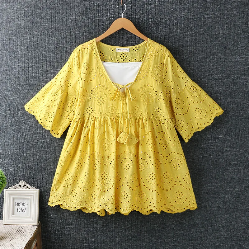Sweet Chic Embroidery Women Blouse And Top Flare Sleeve Beach Summer Set V Neck Hollow Out Yellow Shirt +Camis 2 Pieces Babydoll | Женская