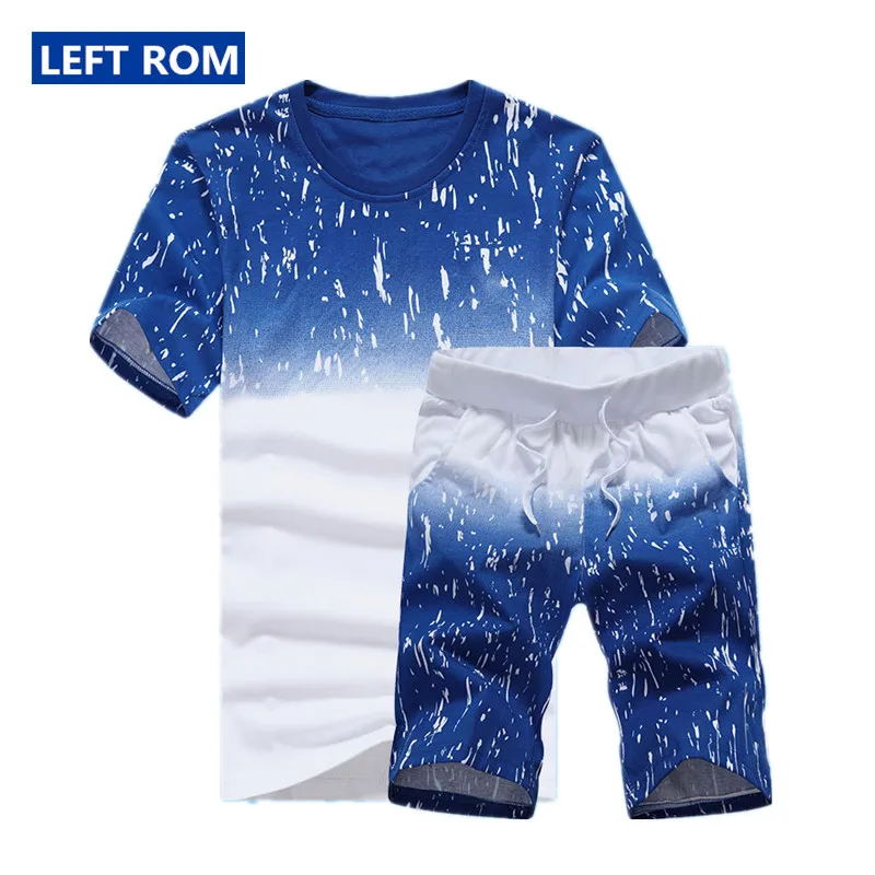 

Left ROM Summer 2019 New Fashion Boutique Cotton Printing Color Man Round Collar Short Sleeve T-shirt Men's Slim Suit Sets Male