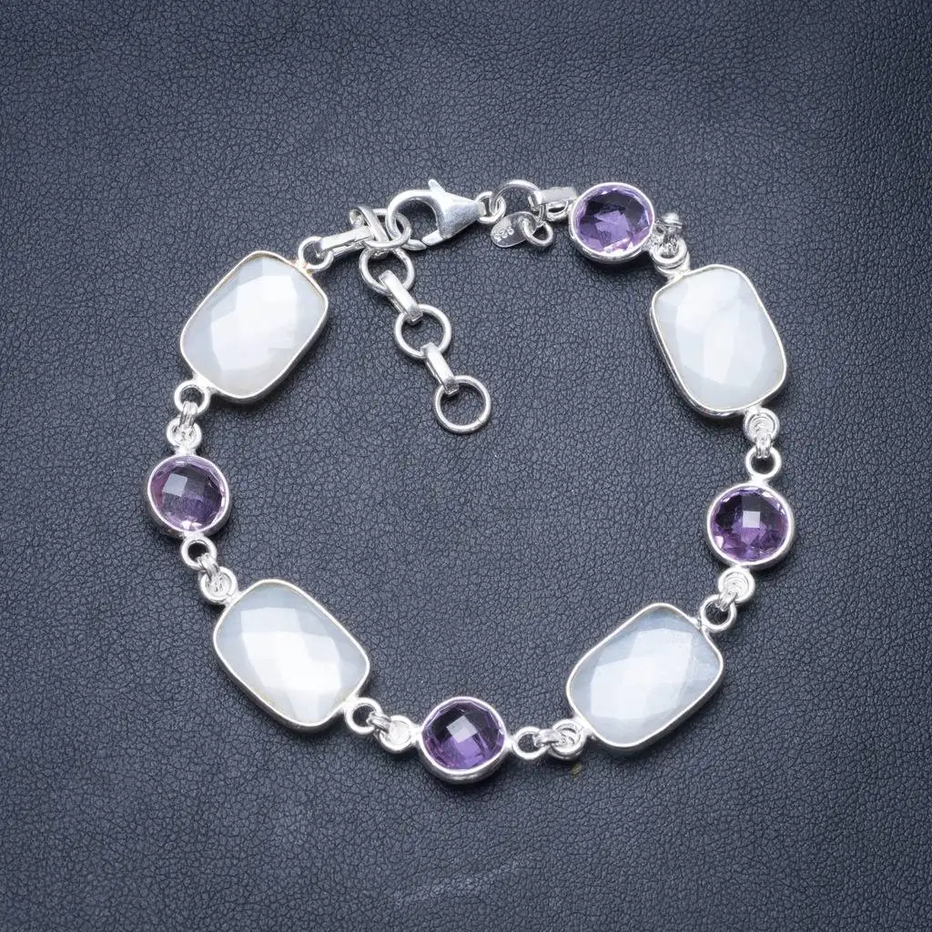 

Natural Chalcedony and Amethyst Handmade Unique 925 Sterling Silver Bracelet 7 1/4-8 1/4" Y3430