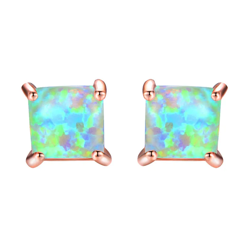 4/5/6/7MM Princess Cut Crystal Square Stud Earrings For Women Men Silver Rose Gold Color Black CZ White Blue Fire Opal Earrings - Окраска металла: Green Opal Earrings