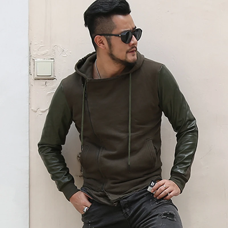 Men New Winter Black Leather Sleeves Zipper Cotton Hoodies Metrosexual