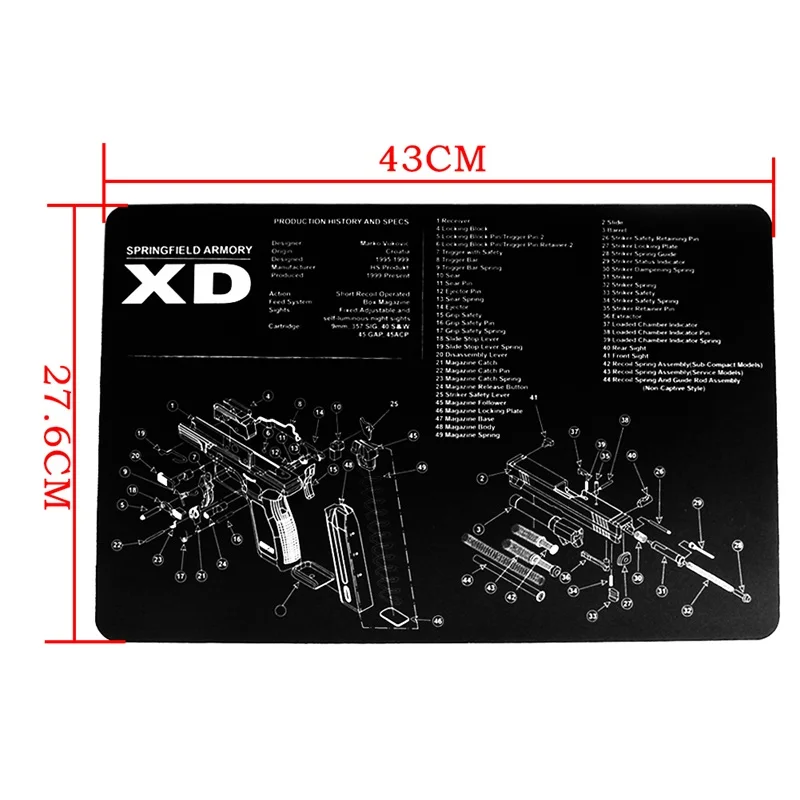 1" x 11" водонепроницаемое боевое оружие, чистящий резиновый коврик для скамьи с 1911 пистолетом, все части, список печати HT37-0068