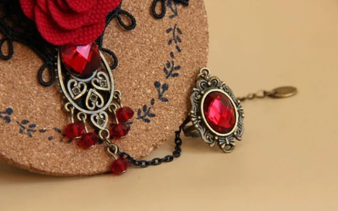 Ретро Кружева Красная Роза металлический браслет большой красный кристалл браслет моды ювелирные изделия для женщин