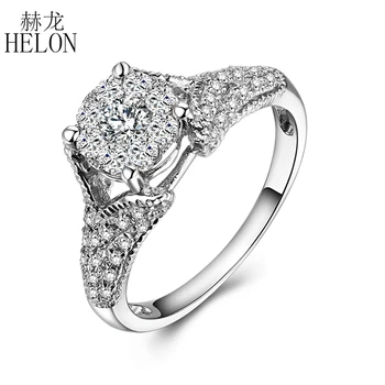 

HELON Solid 18k White Gold Natural Diamonds Solitaire Halo Engagement Wedding Fine Ring Diamonds Women's Party Jewelry Ring