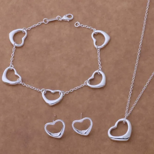 Прекрасный ювелирный набор Серебряный браслет и ожерелье и серьги Модный Сердце набор украшений для женщин AT067-069