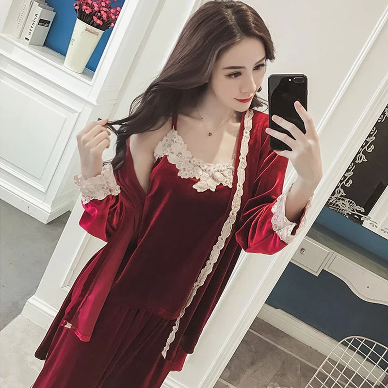 Inpluni женский пижамный комплект pleuche из трех предметов кружевное ночное белье