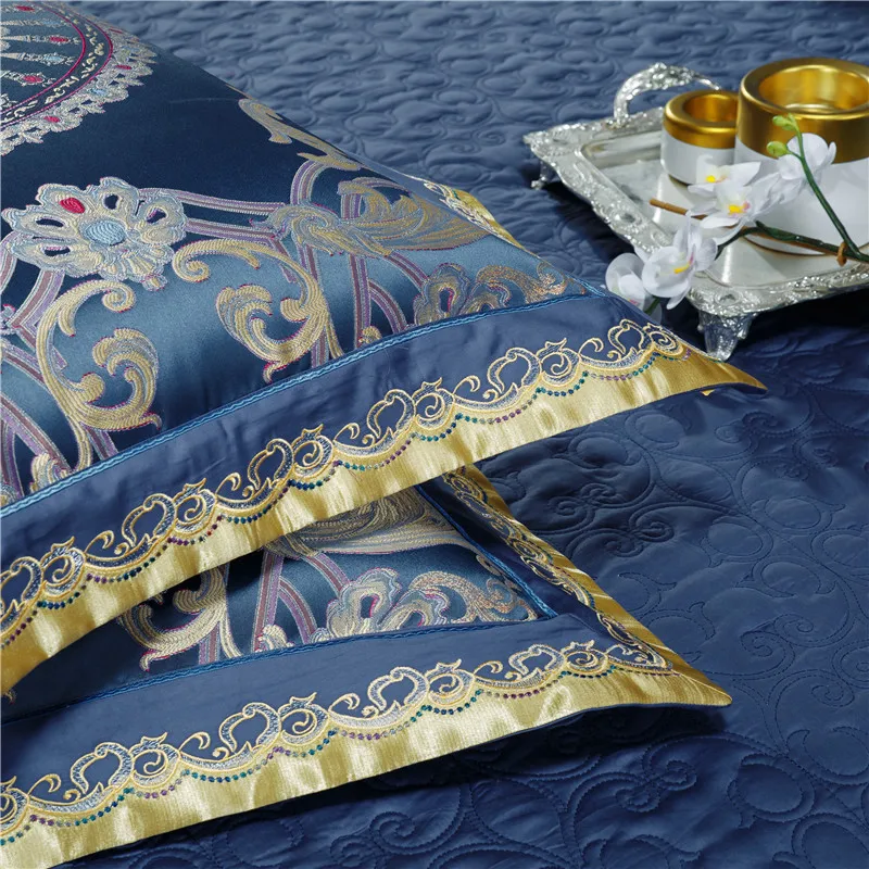 Waliicorners Blue Luxury Royal Bedding set King Queen size Bed set Embroidery Satin Jacquard duvet cover bed/flat sheet set bed cover set 16 N42A9827