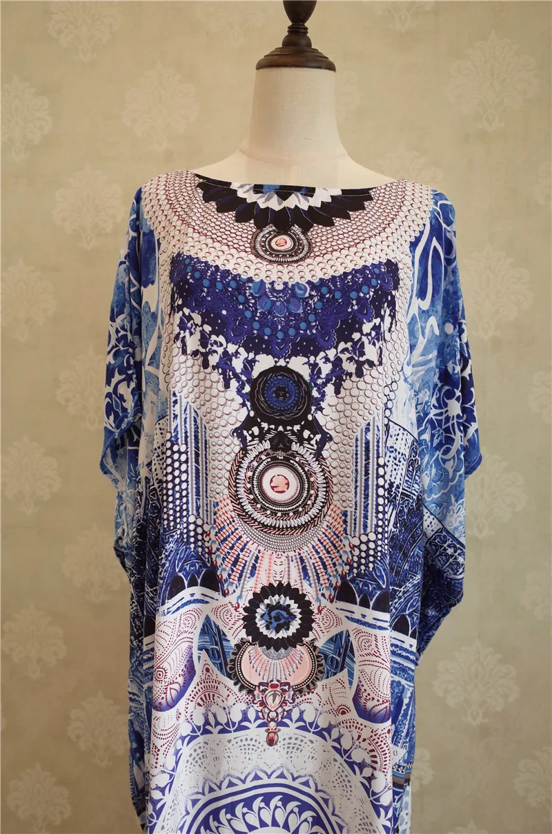 Новинка, женское пляжное платье-кафтан с голубым богемным принтом размера плюс, летняя пляжная одежда с рукавами летучая мышь, свободное Макси платье N685