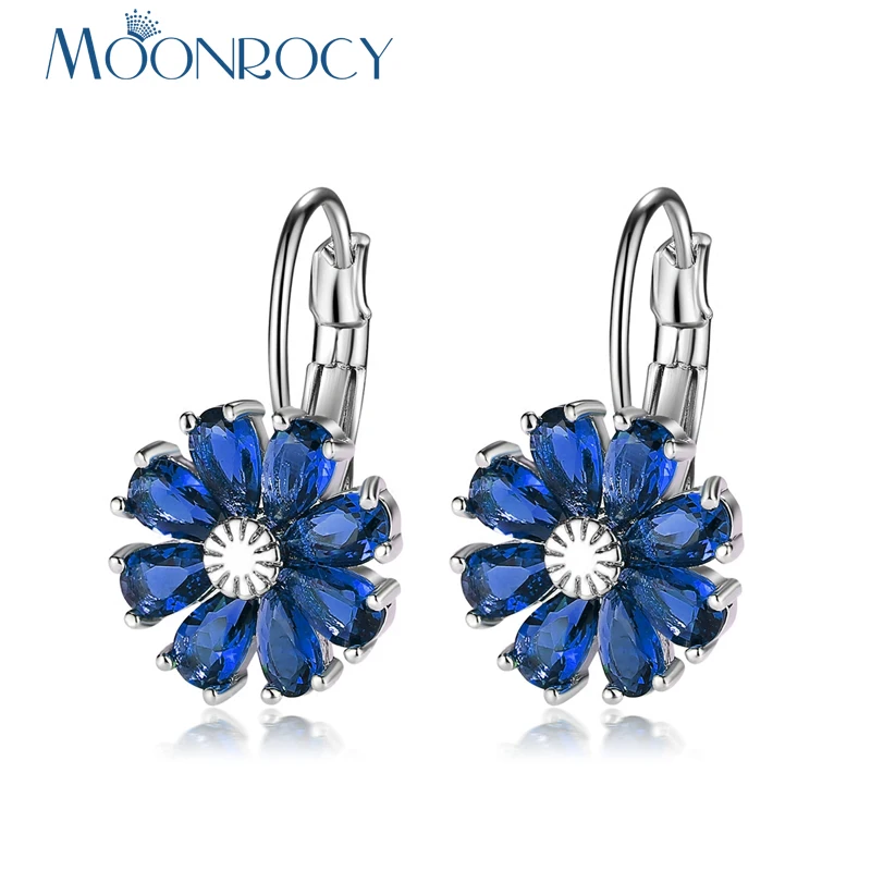 

MOONROCY Cubic Zirconia Ssilver Color Blue Green Red Crystal Earring Dangle Bohemia Flower Jewelry for Women Gift Drop Shipping