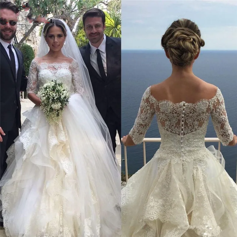 New Beautiful Lace Wedding Dresses Half Sleeve Chapel Train Vintage Gown Button Back Boat Neck | Свадьбы и торжества