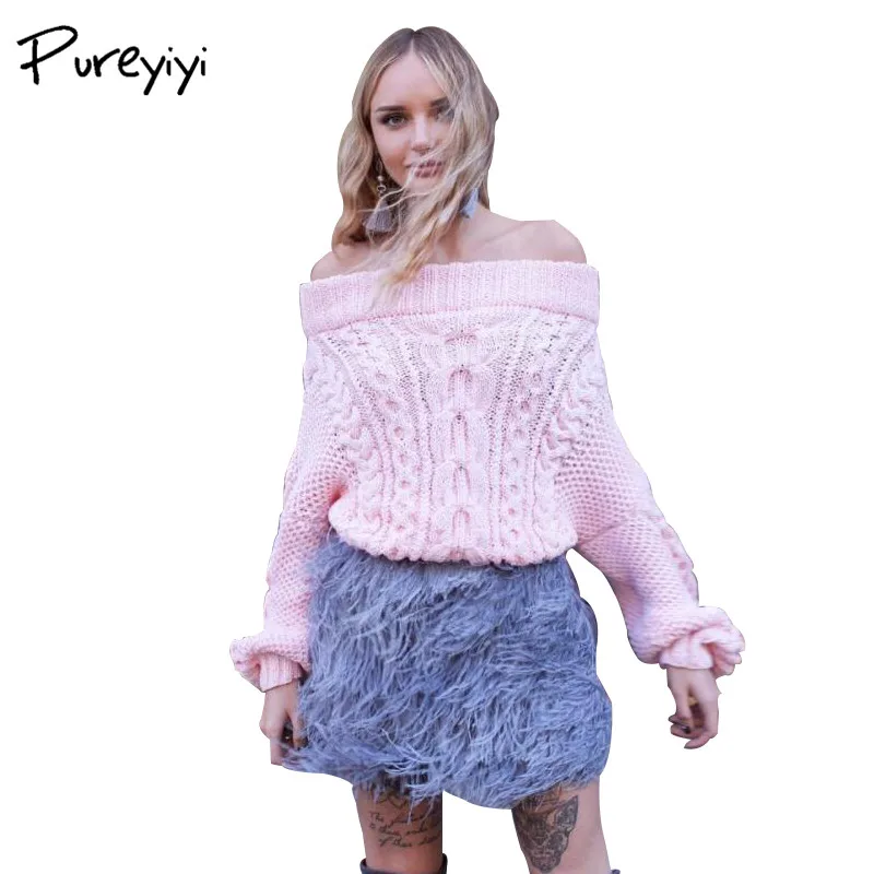 Pureyiyi Winter blue knitted sweater women 2017 Autumn hollow out white pullover Sexy long sleeve off shoulder | Женская одежда