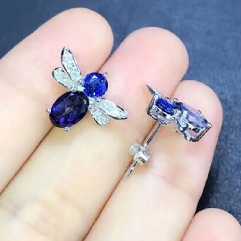 

RADHORS Earring Genuine 925 Sterling Silver inlay 100% Natural Blue Topaz Bee Modeling Stud Earring for Women High jewelry
