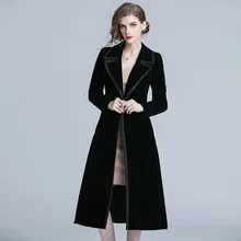 Винтажное Tench пальто женское пальто весна осень длинный рукав отложной воротник черная бархатная ветровка женское черное длинное пальто