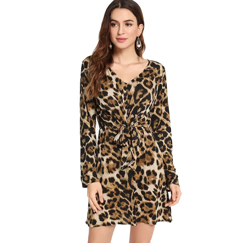 2018 Sexy Wrap V-neck Leopard Print Long Sleeve Knotted Backless Dress Bodycon Mini Vestidos De Fiesta | Тематическая одежда и