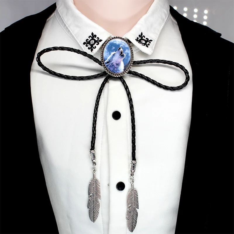 BOLO-0024 New Fairy Howling Wolf Art Oval Bolo Tie Vowboy Hand Craft Slide Western Tie Neck Glass Photo Tie Leather Necklaces - Окраска металла: 2-3