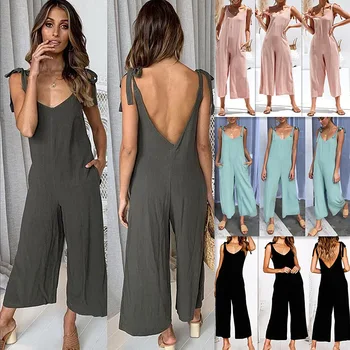 

2019 Summer New Women Off Shoulder Sexy Bowknot Jumpsuit V-Neck Fashion Loose Solid Backless Wide Leg Jumpsuits With Pockets