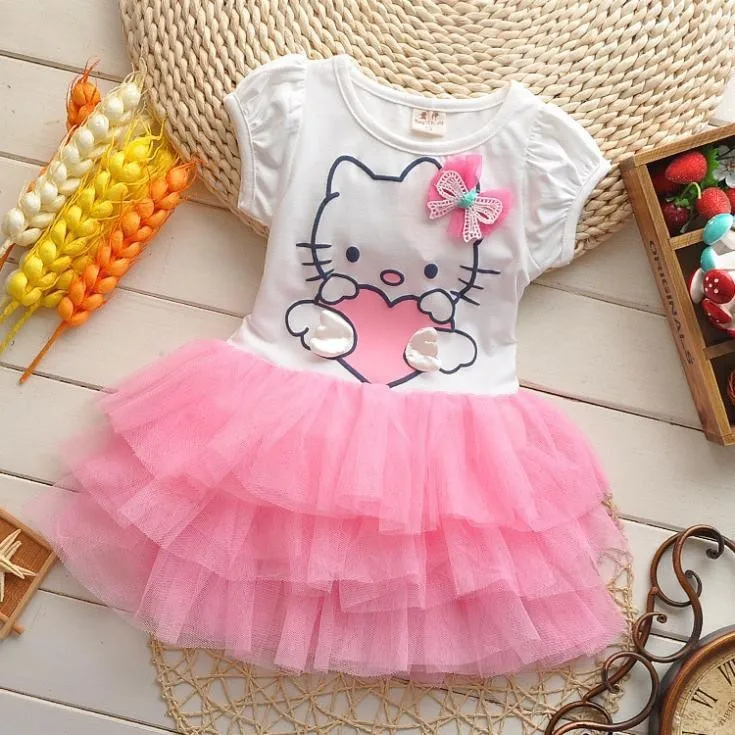 

2015 summer style girls dress Hello kitty cartoon KT wings tutu dress bow veil Kids love children's clothing free shipping