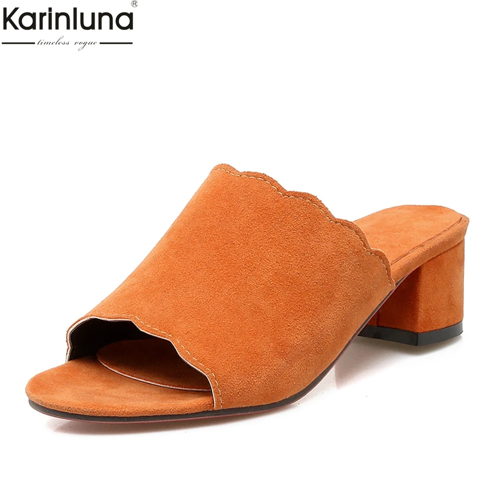 

KARINLUNA Fashion Slip On Women Mules Pumps Big Size 33-43 Square Med Heels leisure Shoes Woman 2019 sandals