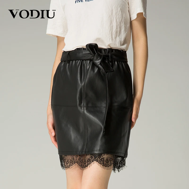 Vodiu Midi Skirt Leather Skirt Lace Black Sashes Elastic Waist A Line