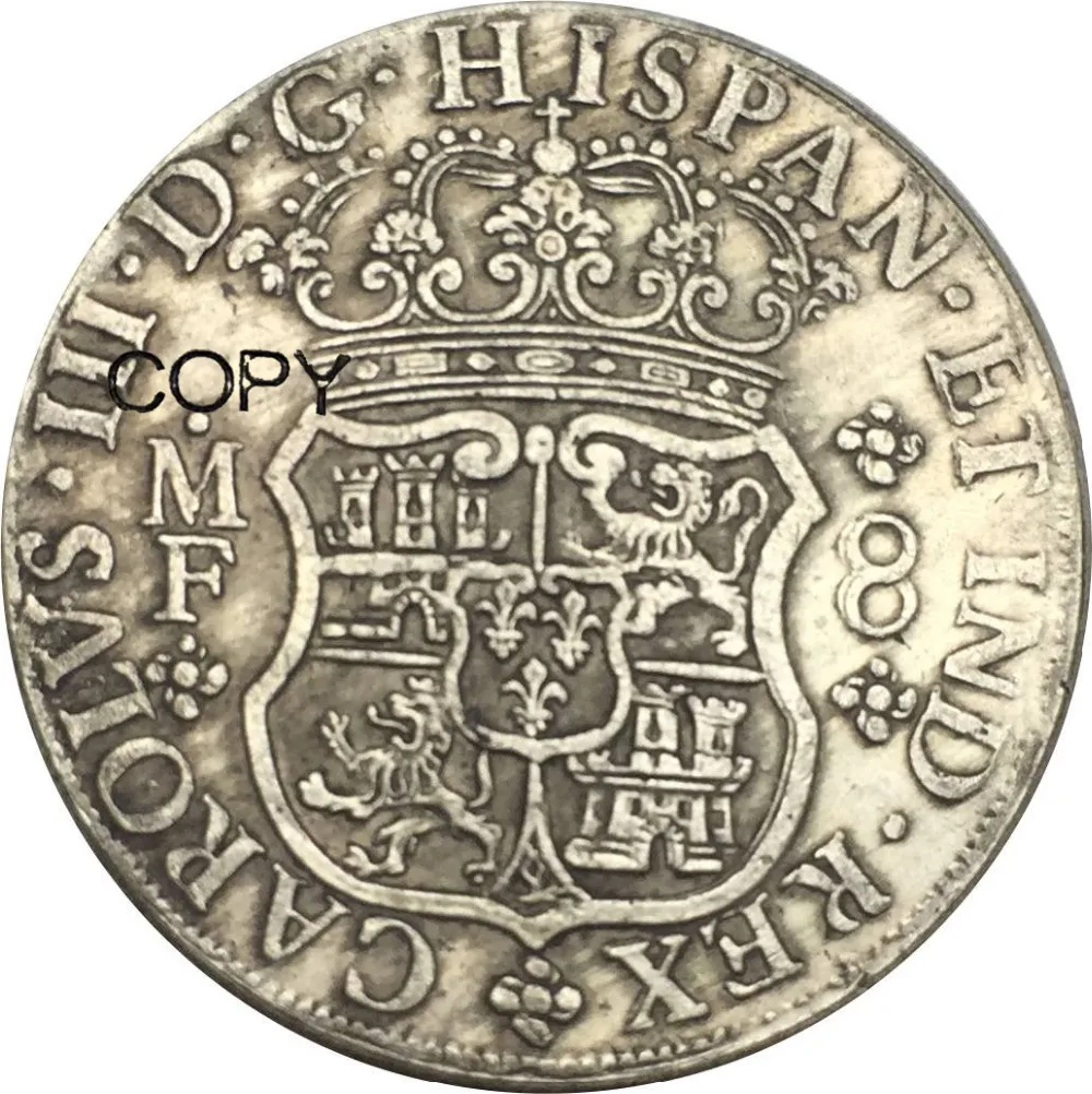 Мексика 8 Reales Charles III 1770 MF Мельхиор Посеребренная копия монет