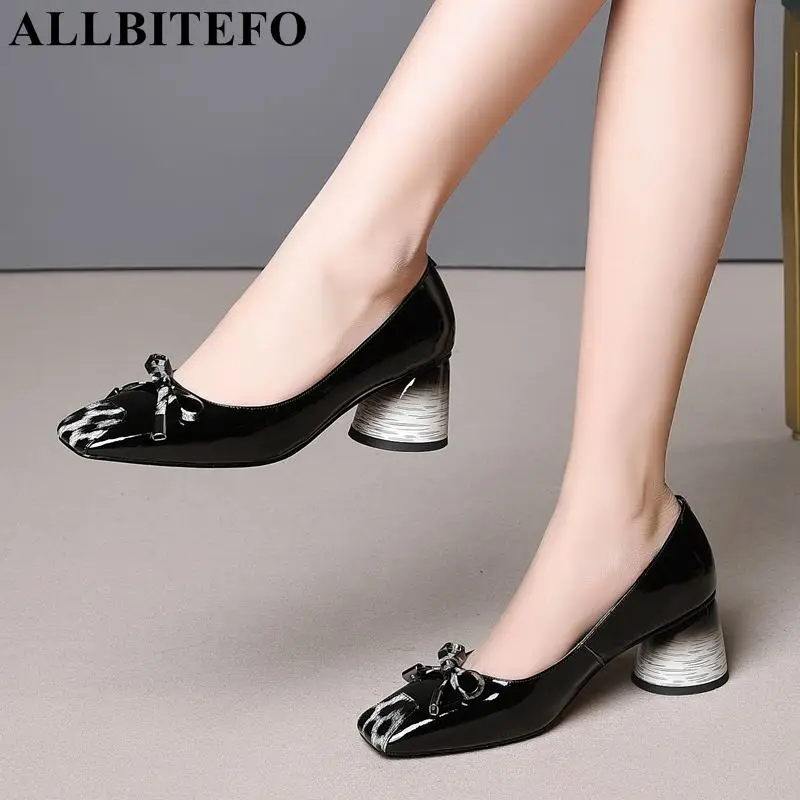 

ALLBITEFO genuine leather brand high heels women shoes party women shoes thick heel office ladies shoes spring girls pumps