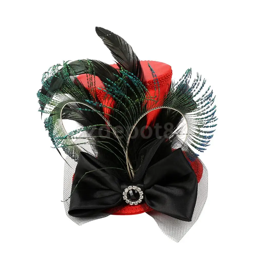Vintage Women Ladies Black Feather Mini Top Hat Bowknot Hair Clip Fascinator Wedding Engagement Church Party Headwear