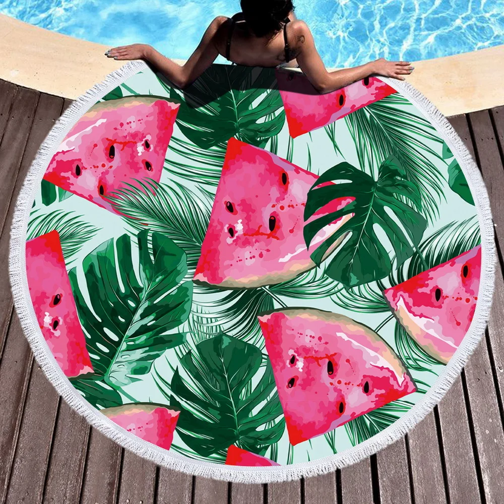 

Summer Watermelon Flower Printed Large Round Beach Towel With Tassels Thick Soft Swimming Bath Towel Yoga Mat 59x59 Inch