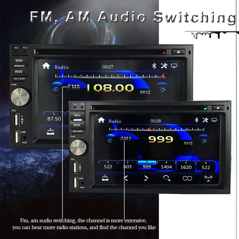 Часы с двойным шпинделя MP3 FM рулевое колесо с большим экраном 1080 P формат видео 6,5 дюймов 7 с аккумулятором, Трехцветная подсветка