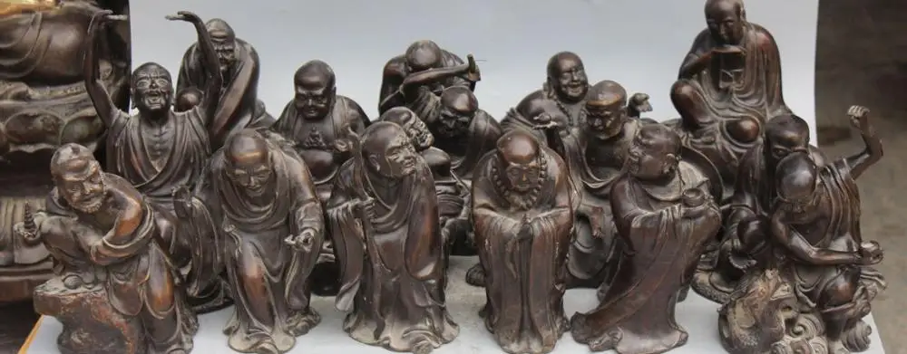 

Chinese Buddhism Bronze Carving FengShui 18 Luo Han Arhat Buddha Statue full set
